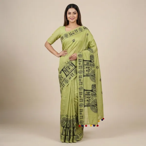 Cream_Modal_Worli_Work_Saree_With_Pumpum_For_Women