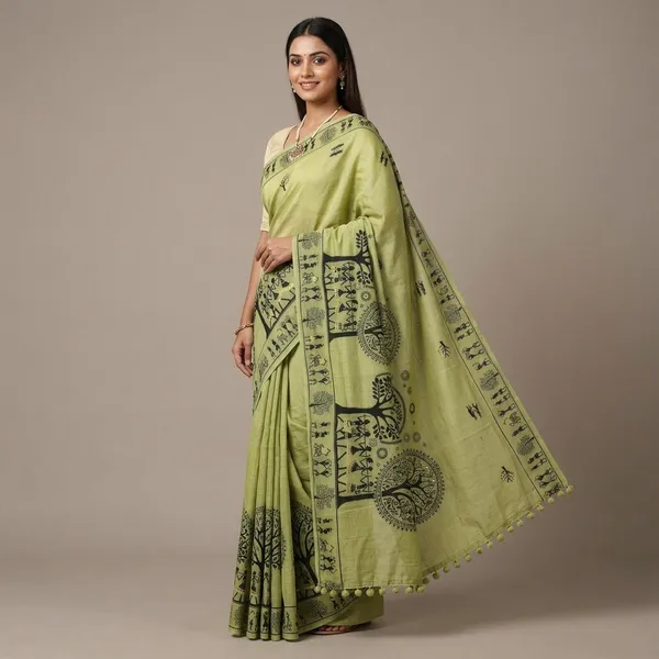 Cream_Modal_Worli_Work_Saree_With_Pumpum_For_Women