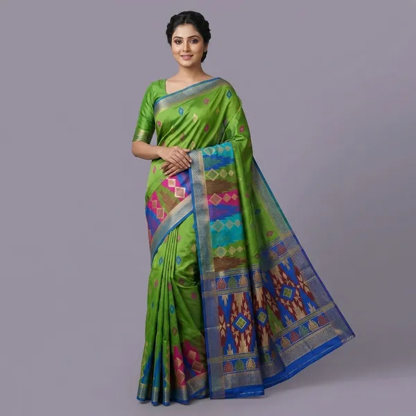 Vibrant_Banglory_Silk_Ikat_Weave_Stone_Saree_With_Contrast_Border