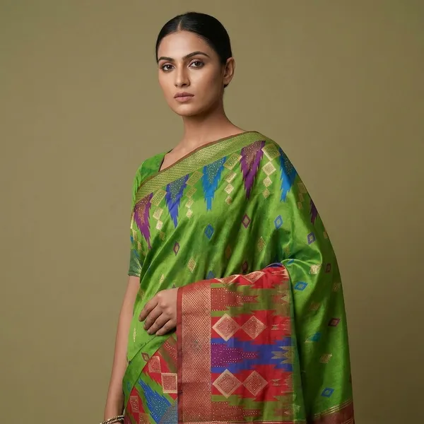 Vibrant_Banglory_Silk_Ikat_Weave_Stone_Saree_With_Contrast_Border