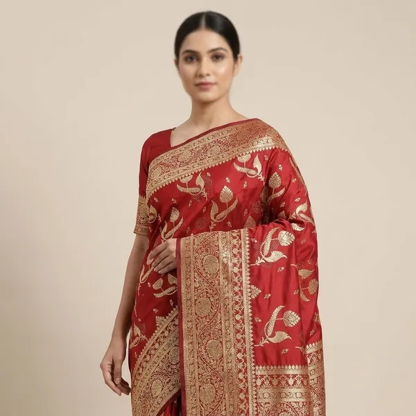 Red_Embroidered_Banarasi_Katan_Silk_Blend_Saree_With_Golden_Stone_Zari_Work