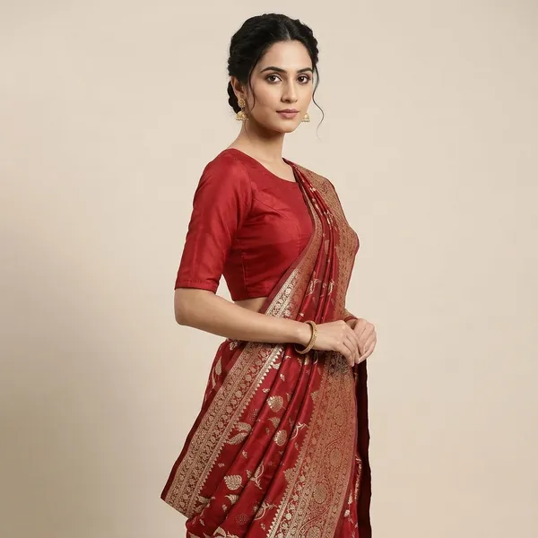 Red_Embroidered_Banarasi_Katan_Silk_Blend_Saree_With_Golden_Stone_Zari_Work