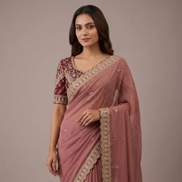 Light_Brown_Georgette_Embroidered_Saree_With_Maroon_Blouse_For_Women