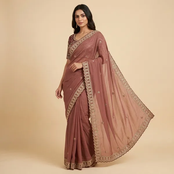 Light_Brown_Georgette_Embroidered_Saree_With_Maroon_Blouse_For_Women