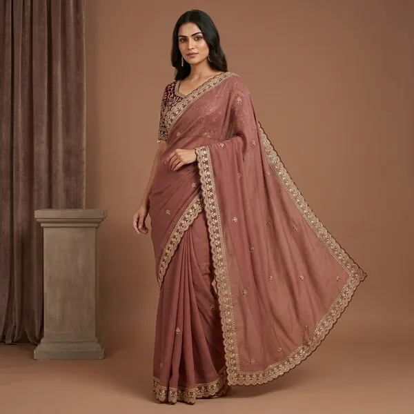 Light_Brown_Georgette_Embroidered_Saree_With_Maroon_Blouse_For_Women