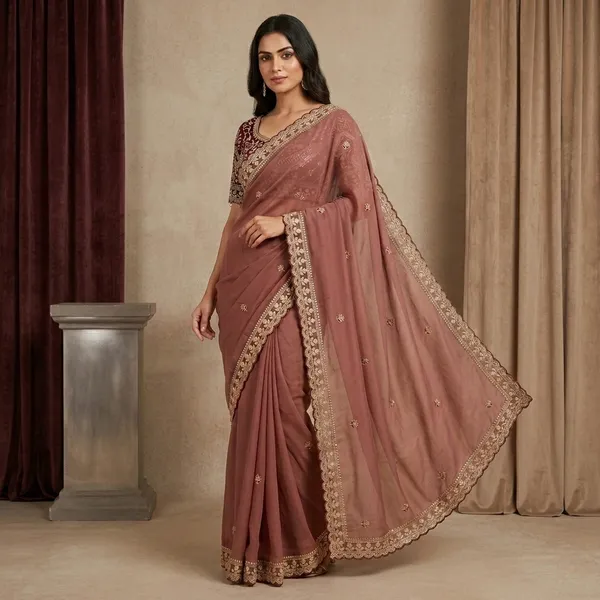 Light_Brown_Georgette_Embroidered_Saree_With_Maroon_Blouse_For_Women