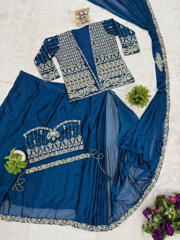 Blue_Heavy_Crepe_Pre-Draped_Saree_With_Embellished_Jacket_For_Women
