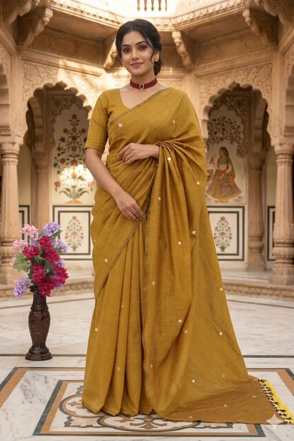 Yellow_Lilen_Cotton_Mirror_Work_Saree_For_Women