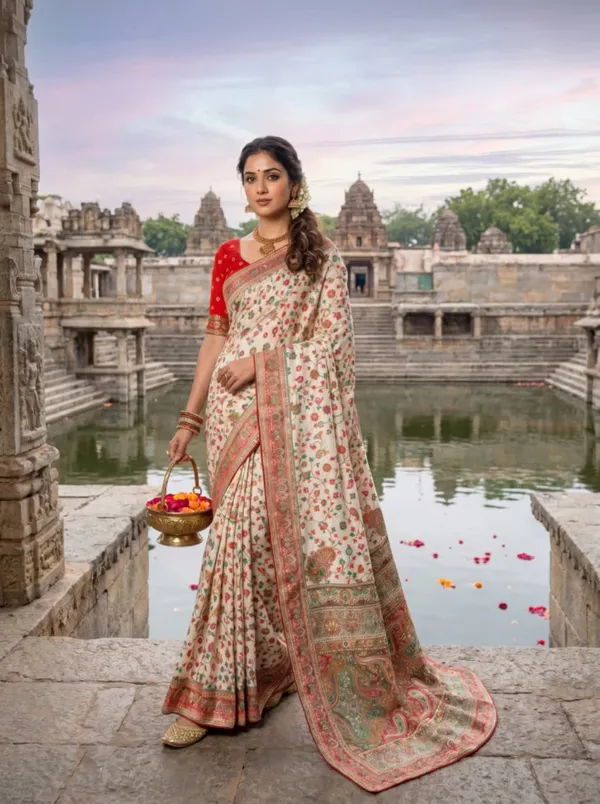 Ivory_Cotton_Floral_Print_Saree_With_Red_Blouse_For_Women
