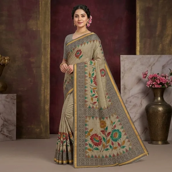 Beige_Cotton_Floral_Print_Saree_For_Women