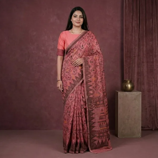 Pink_Cotton_Ikat_Print_Saree_For_Women