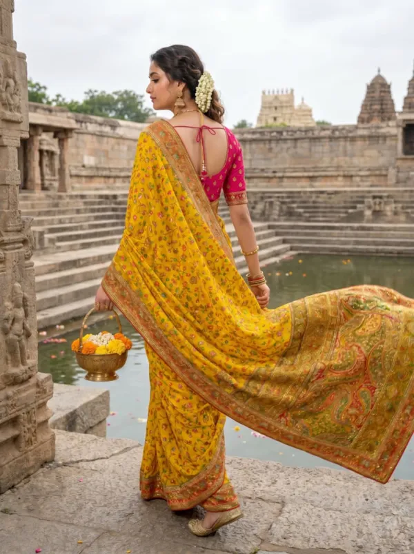 Yellow_Silk_Floral_Embroidered_Saree_With_Pink_Blouse_For_Women