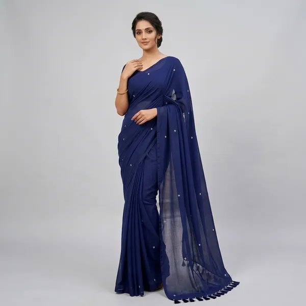 Blue_Lilen_Cotton_Mirror_Work_Saree_For_Women