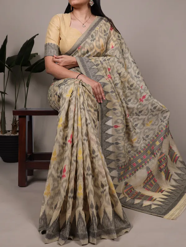 Beige_Cotton_Ikat_Print_Woven_Border_Saree_For_Women