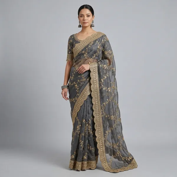 Grey_Organza_Silk_Embroidered_Golden_Border_Saree_For_Women