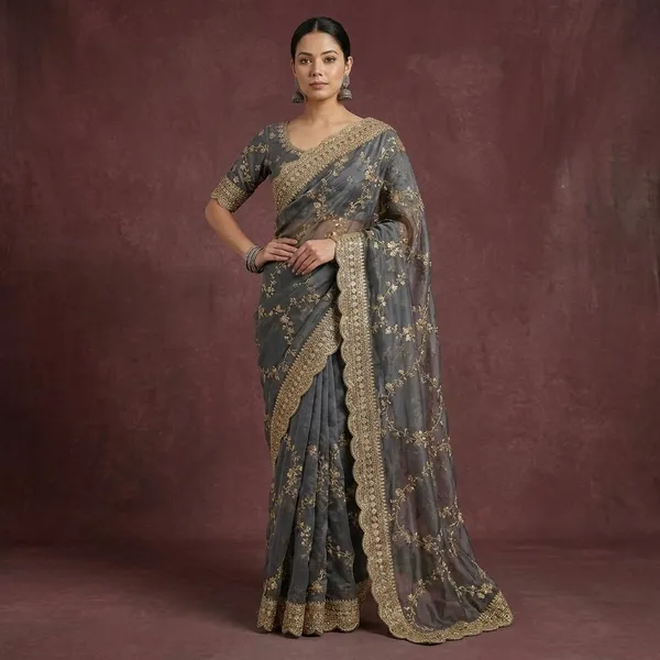 Grey_Organza_Silk_Embroidered_Golden_Border_Saree_For_Women