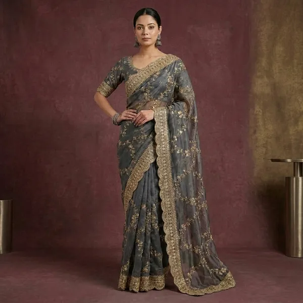 Grey_Organza_Silk_Embroidered_Golden_Border_Saree_For_Women