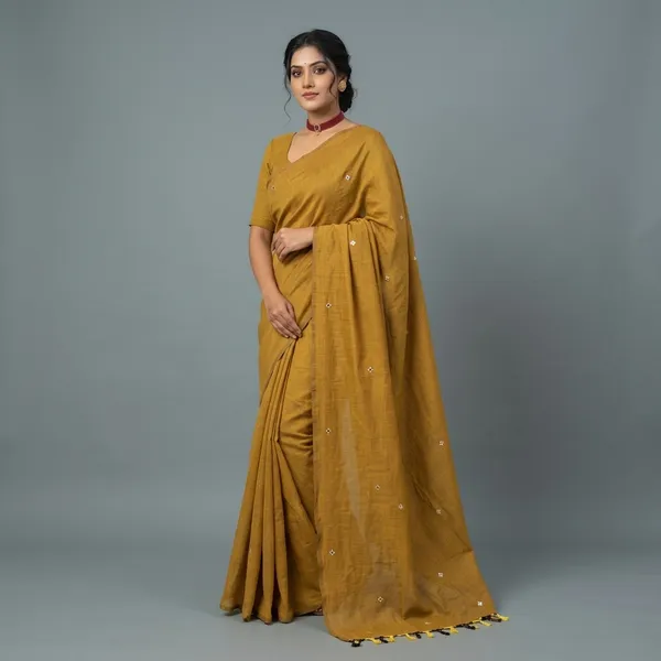 Yellow_Lilen_Cotton_Mirror_Work_Saree_For_Women