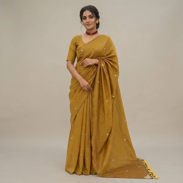 Yellow_Lilen_Cotton_Mirror_Work_Saree_For_Women