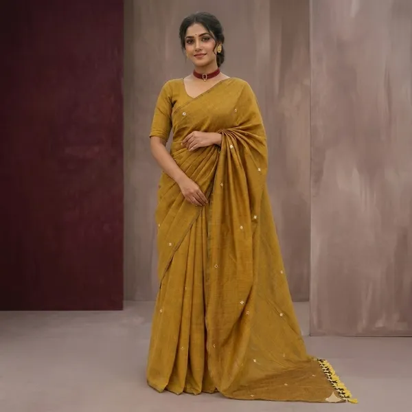 Yellow_Lilen_Cotton_Mirror_Work_Saree_For_Women