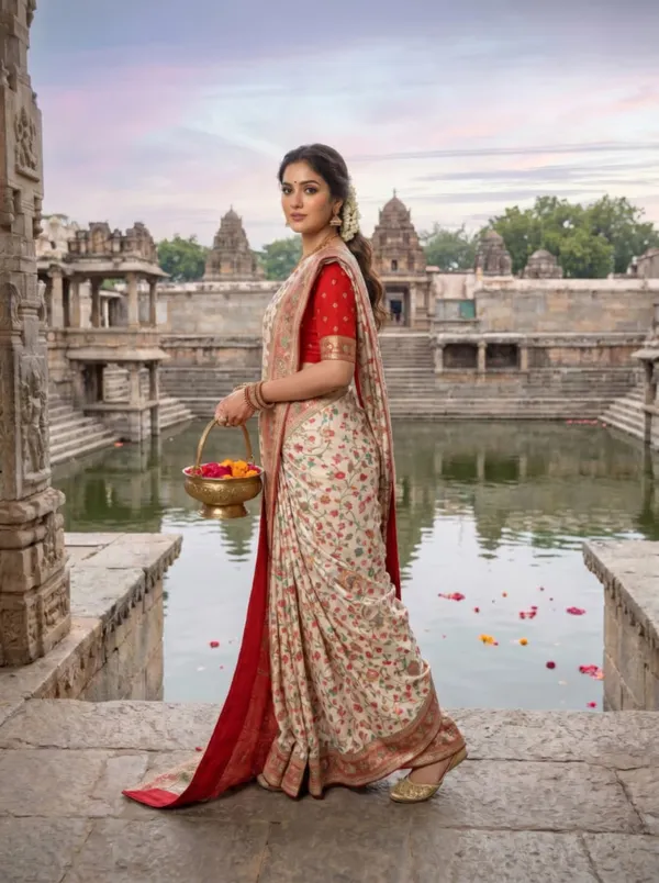 Ivory_Cotton_Floral_Print_Saree_With_Red_Blouse_For_Women