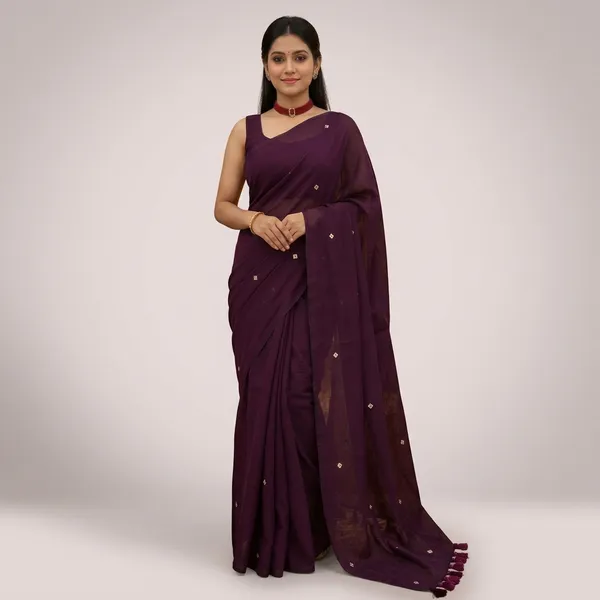 Wine_Lilen_Cotton_Mirror_Work_Tassel_Border_Saree_For_Women