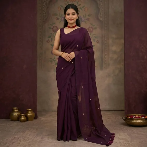 Wine_Lilen_Cotton_Mirror_Work_Tassel_Border_Saree_For_Women