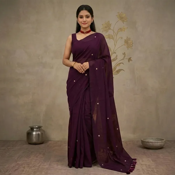Wine_Lilen_Cotton_Mirror_Work_Tassel_Border_Saree_For_Women