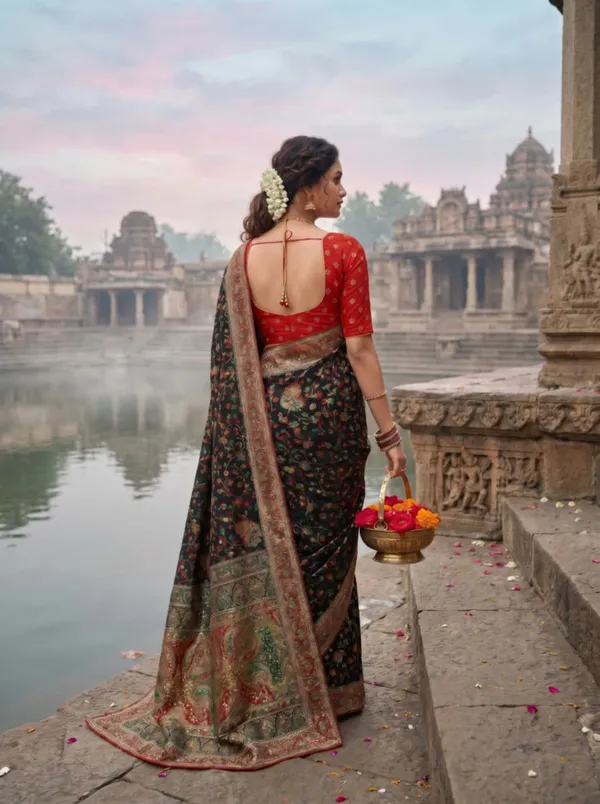 Black_Silk_Floral_Print_Saree_With_Red_Blouse_For_Women