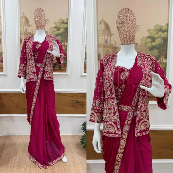 Pink_Heavy_Crepe_Embellished_Drape_Saree_With_Jacket_For_Women