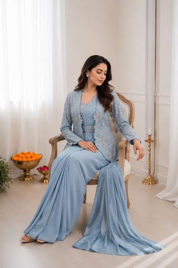Blue_Heavy_Crepe_Embroidered_Pre-Draped_Saree_With_Jacket_For_Women