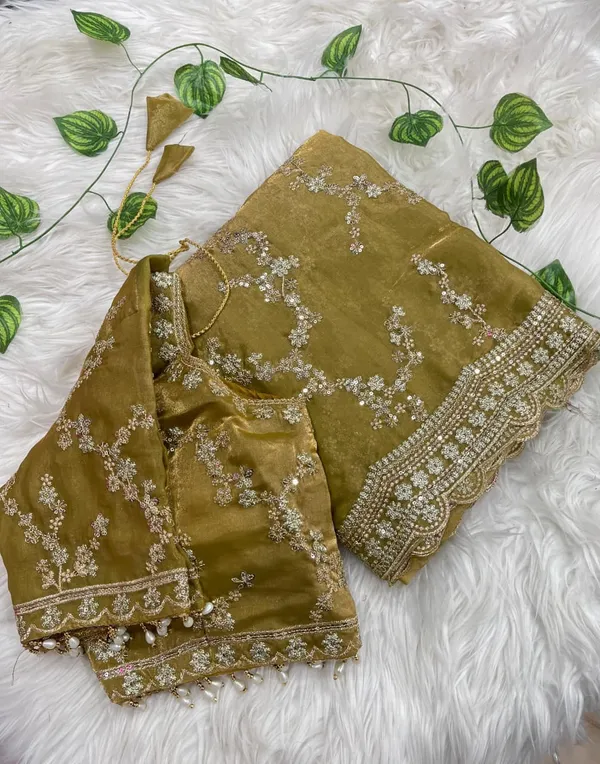 Olive_Green_Organza_Silk_Embroidered_Pearl_Detail_Saree_For_Women