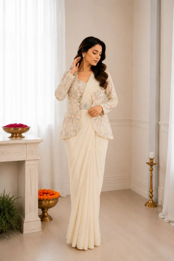 Ivory_Heavy_Crepe_Silk_Embroidered_Jacket_Draped_Saree_For_Women