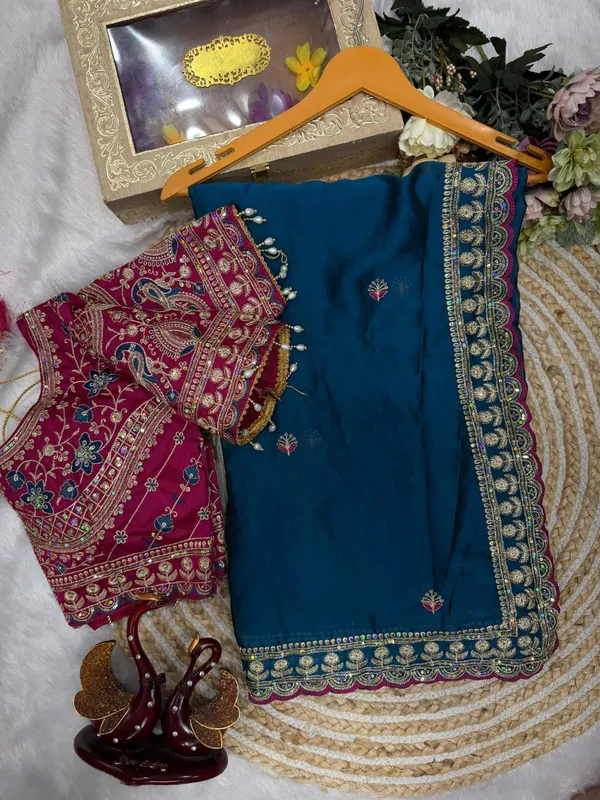 Teal_Fancy_Fabric_Fancy_Embroidered_Saree_With_Pink_Blouse_For_Women