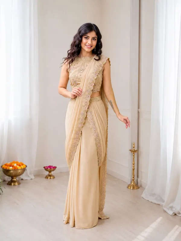 Beige_Heavy_Crepe_Golden_Embroidered_Saree_With_Blouse_For_Women