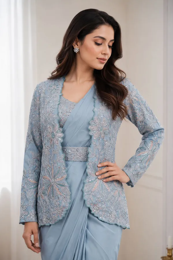 Blue_Heavy_Crepe_Embroidered_Pre-Draped_Saree_With_Jacket_For_Women