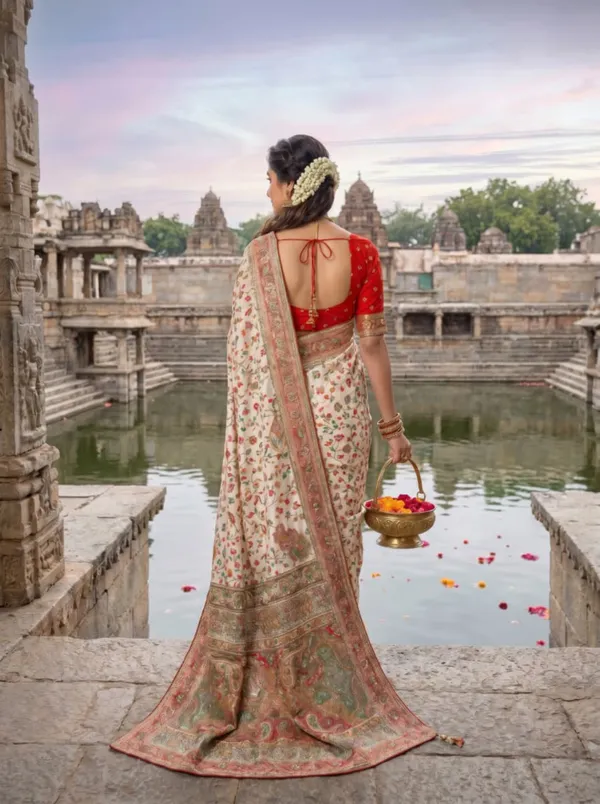 Ivory_Cotton_Floral_Print_Saree_With_Red_Blouse_For_Women