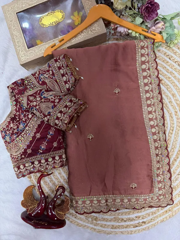 Light_Brown_Georgette_Embroidered_Saree_With_Maroon_Blouse_For_Women