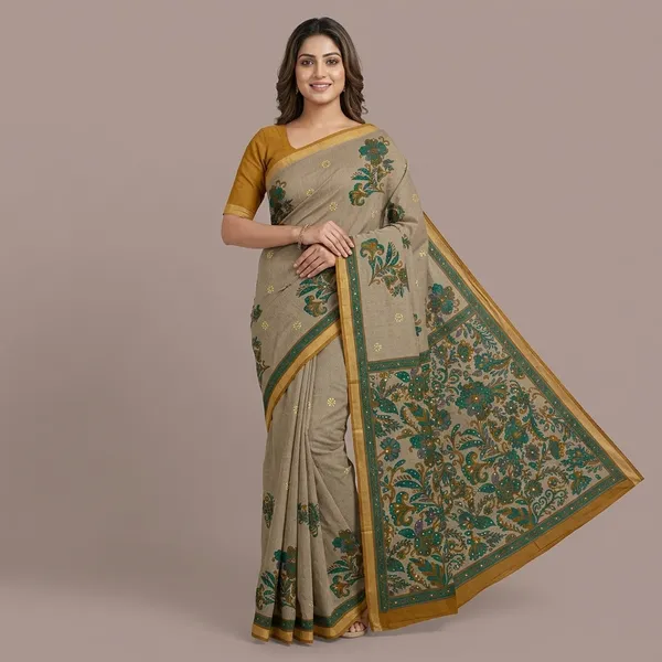 Beige_Cotton_Floral_Print_Saree_For_Women
