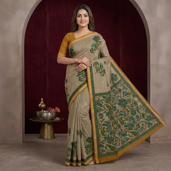 Beige_Cotton_Floral_Print_Saree_For_Women