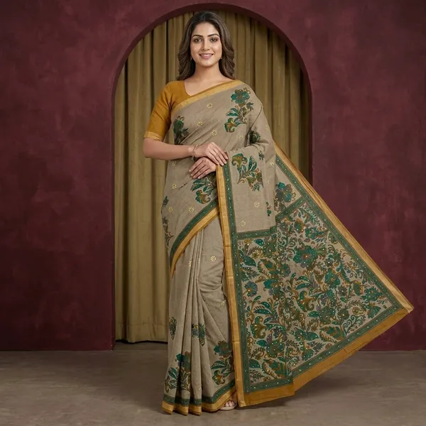 Beige_Cotton_Floral_Print_Saree_For_Women