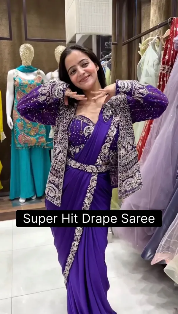 Purple_Heavy_Crepe_Silk_Embroidered_Drape_Saree_With_Jacket_For_Women