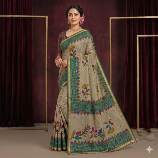 Beige_Cotton_Floral_Print_Saree_With_Green_Border_For_Women