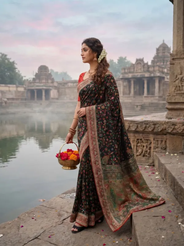 Black_Silk_Floral_Print_Saree_With_Red_Blouse_For_Women