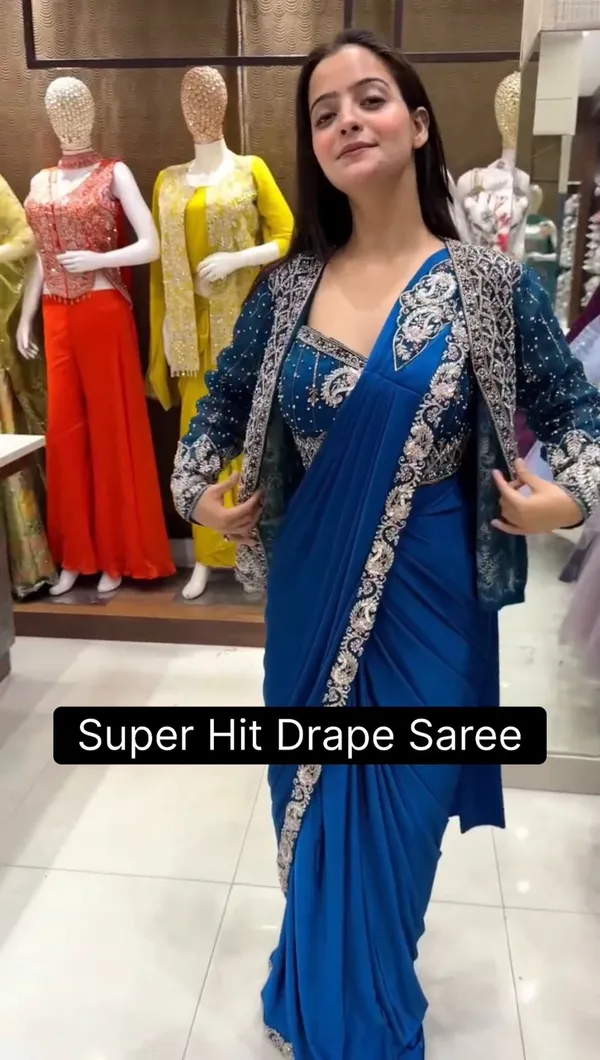 Blue_Heavy_Crepe_Pre-Draped_Saree_With_Embellished_Jacket_For_Women