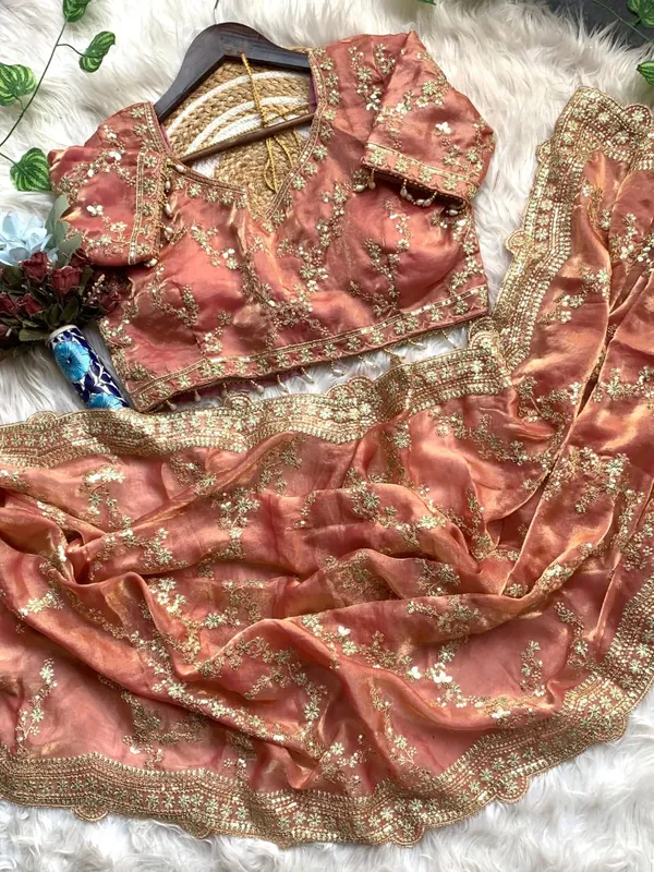 Peach_Organza_Silk_Embroidered_Sequin_Work_Saree_For_Women