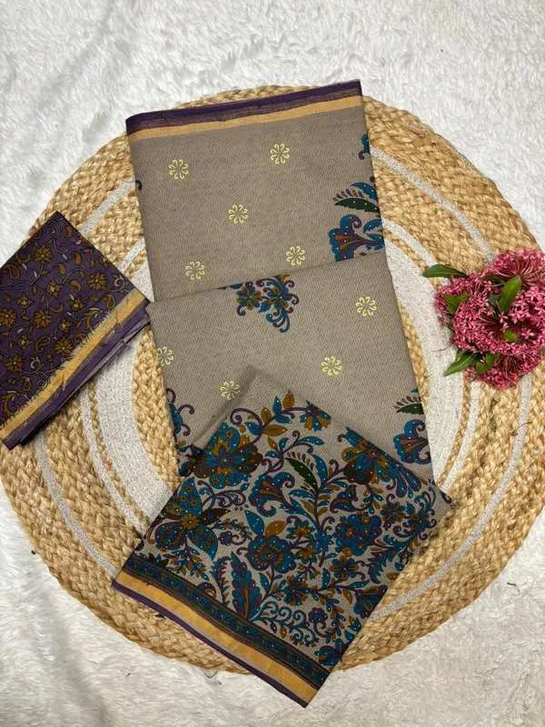 Grey_Cotton_Kalamkari_Print_Saree_With_Dupatta_For_Women
