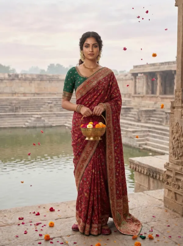 Maroon_Fancy_Fabric_Embroidered_Saree_With_Green_Blouse_For_Women