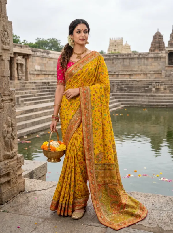 Yellow_Silk_Floral_Embroidered_Saree_With_Pink_Blouse_For_Women