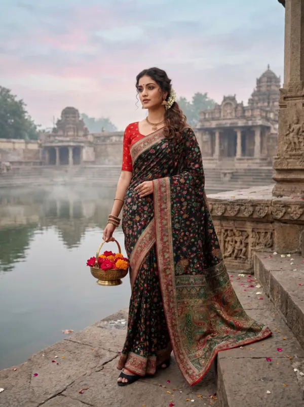 Black_Silk_Floral_Print_Saree_With_Red_Blouse_For_Women